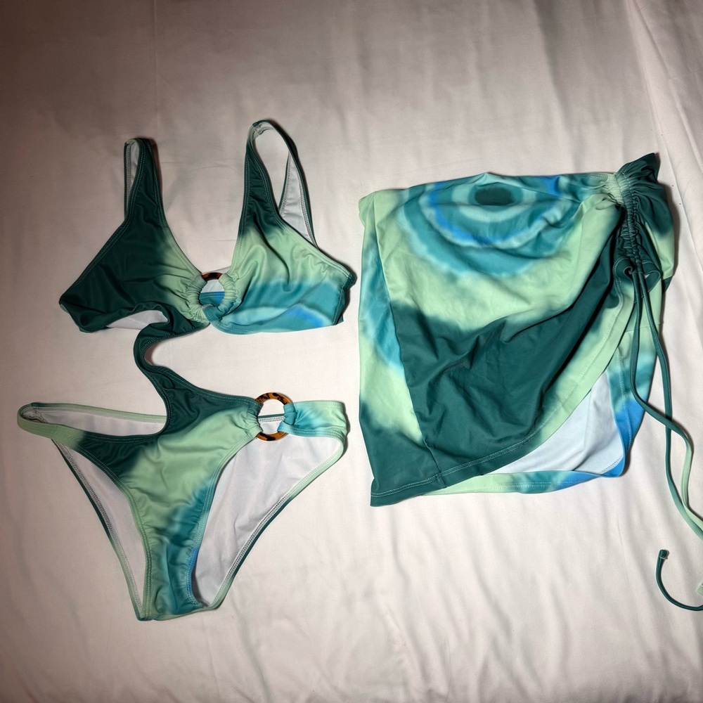 Green and Blue Swirl one piece swim Set with Cover-Up skirt size medium